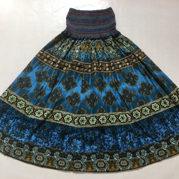 Boho Syle floral blue skater midi Smoked Skirt - Picture 13 of 16